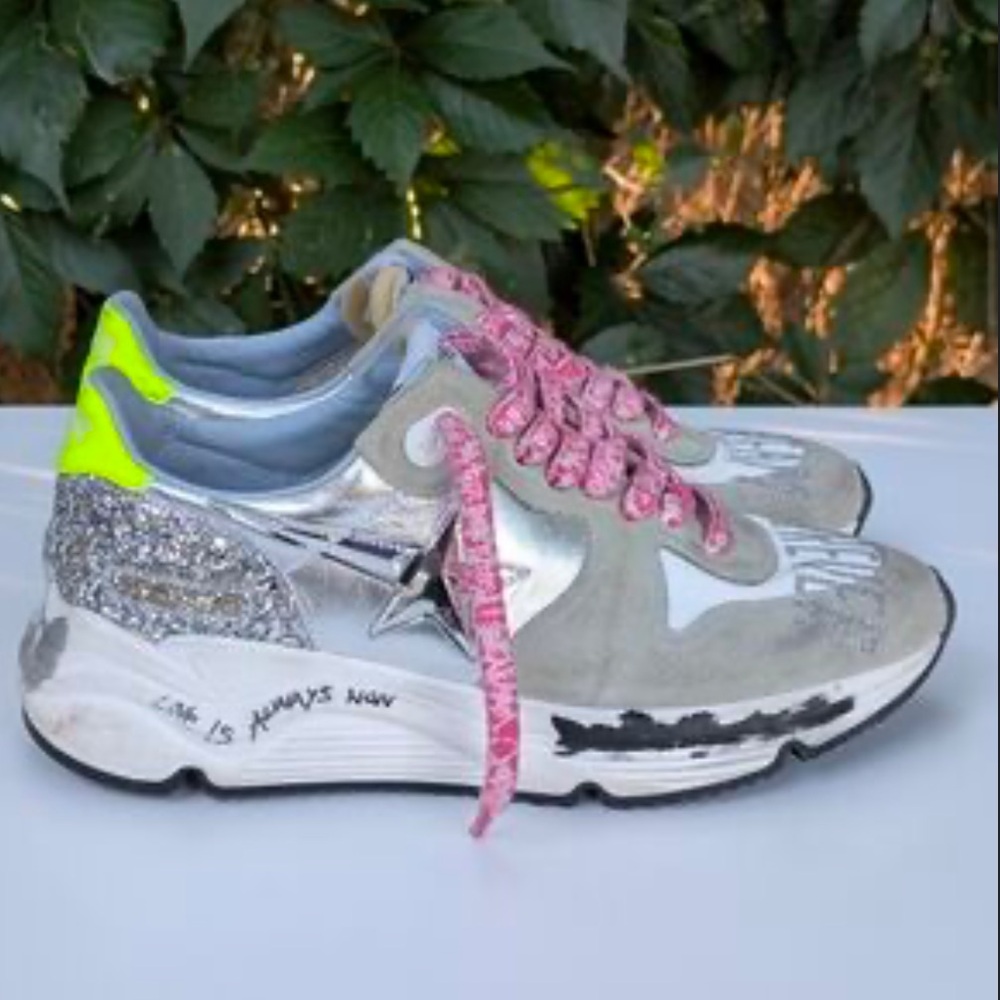 Golden Goose Silver and Neon Yellow Sneakers